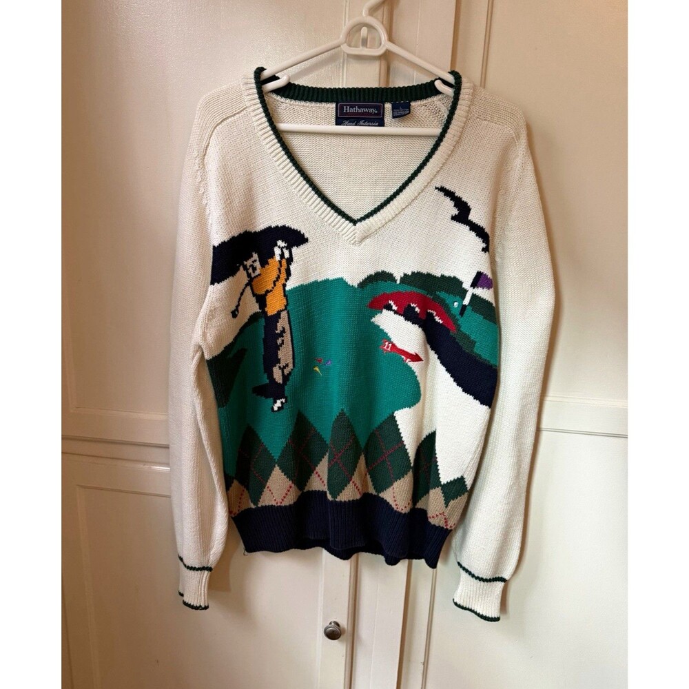Vintage Hathaway Hand Intarsia Golf Sweater Men’s L 100% Cotton V-Neck